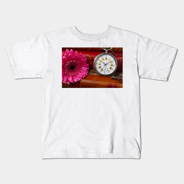 Pink Daisy And Pocket Watch Kids T-Shirt by photogarry